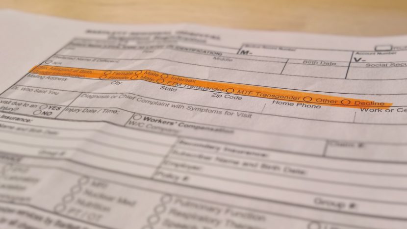 A copy of Bartlett Regional Hospital's new outpatient registration form asks for sex assigned at birth and gender identification with expanded options. The hospital announced the change in response to a new federal rule tied to the Affordable Care Act on Nov. 17, 2016. (Photo illustration by Jeremy Hsieh/KTOO)