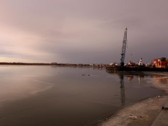 The Kuskokwim river from the seawall in Bethel. There was no snow and ice was barely visible in the warm November of 2014. (Photo by Dean Swope/KYUK)