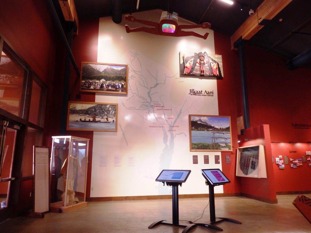 The Chilkat Cultural Landscape Map, the introductory exhibit in the heritage center. (Photo by Emily Files/KHNS)
