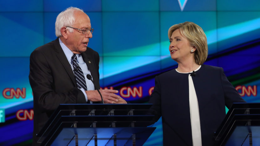Bernie Sanders and Hillary Clinton take part in the first Democratic presidential debate on Oct. 13, 2015 in Las Vegas, Nev. Joe Raedle/Getty Images