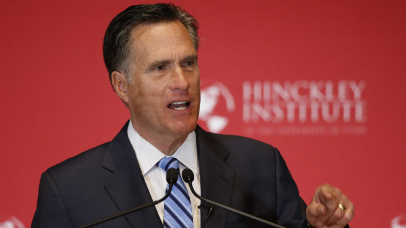 Former Massachusetts Gov. Mitt Romney argues against Donald Trump's nomination as the GOP presidential candidate on March 3 in Salt Lake City, Utah. George Frey/Getty Images