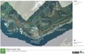 The two proposed routes of the final leg of the Cross Trail connect Kramer Avenue to Starrigavan Boat Launch. (Photo courtesy of Sitka Trail Works)