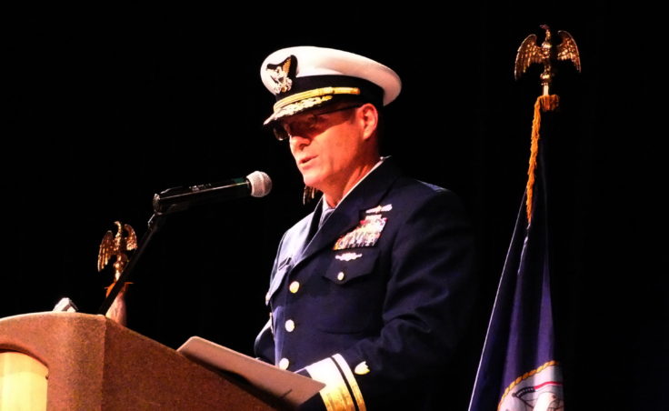 Rear Adm. Michael McAllister, commander of the U.S. Coast Guard's 17th District, speaks during Friday's Veterans Day observance at Centennial Hall.