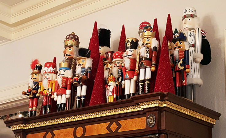 The gubernatorial nutcracker collection is on display during the Alaska Governor's Mansion annual holiday open house Tuesday, Dec. 6, in Juneau. (Photo by Tripp J Crouse/KTOO)