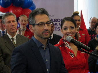 Alaska Airlines President and COO Ben Minicucci, who spoke to a large crowd of airline employees at SFO Wednesday, is leading the integration of Virgin America and Alaska Air. (Photo by Tom Banse/Northwest News Network)