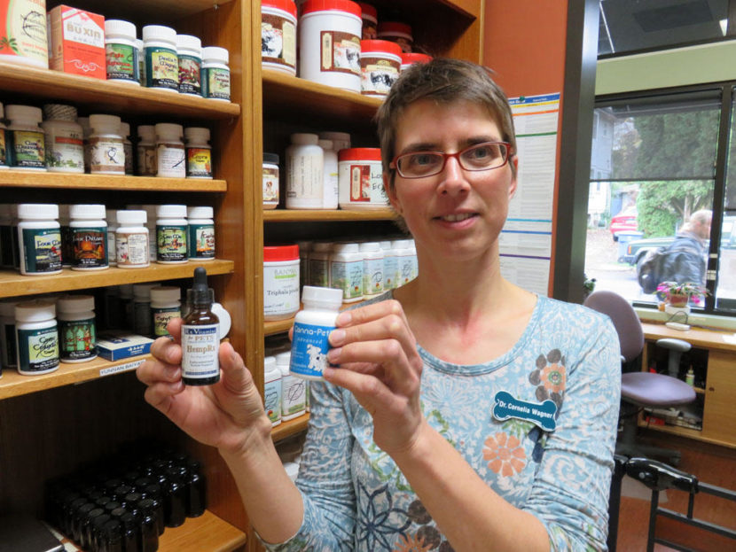 Dr. Cornelia Wagner shows several hemp-based supplements for pets stocked by the Hawthorne Veterinary Clinic. (Tom Banse/ Northwest News Network)