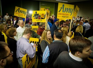 Amy Demboski surrounded by supporters after the 2015 mayoral election.