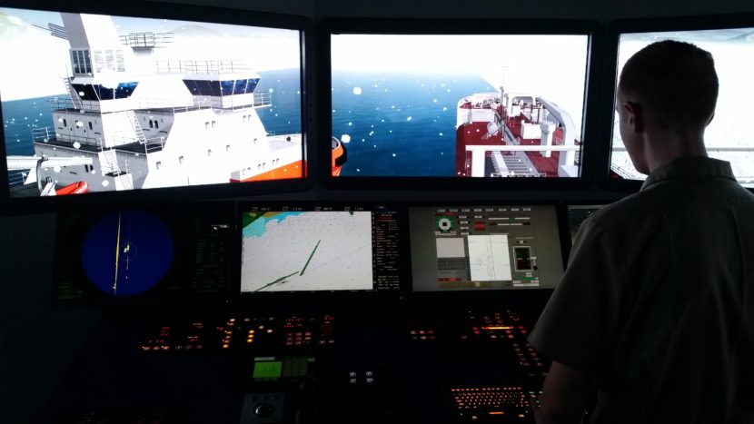 Glenn Burleigh practices piloting a tanker with a damaged rudder. (Photo by Zoë Sobel/KUCB)