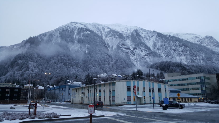 Mount Juneau bears the recent Saturday, Dec. 3, 2016, snowfall that fell on Alaska's capital city about midday. (Photo by Tripp J Crouse/KTOO)