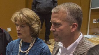 Alaska Sens. Lisa Murkowski and Dan Sullivan after the Department of the Interior's surprise announcement of the cancellation of off-shore drilling leases at the 2015 Alaska Federation of Natives Convention. (Photo by Mikko Wilson/KTOO)