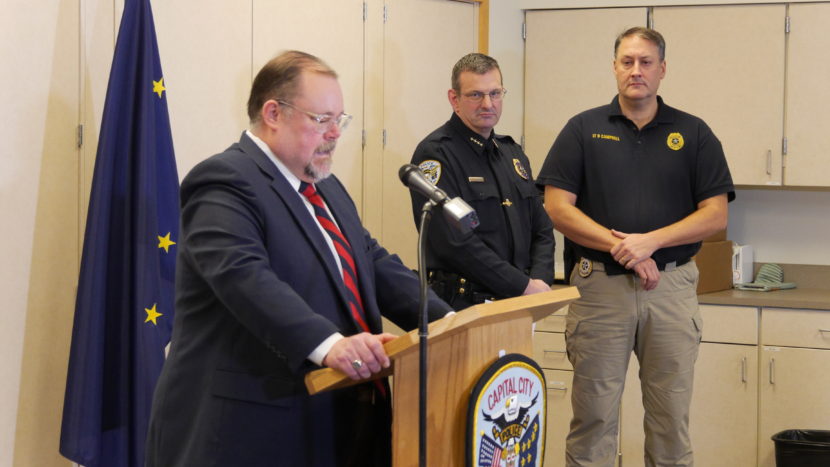 Left to right: Juneau District Attorney James Scott, Juneau Police Chief Bryce Johnson and Lt. David Campbell. All three men spoke at the press conference Saturday after the shooting.