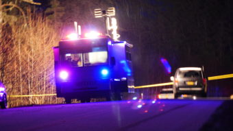 Juneau Police Department's Mobile Incident Command Center blocks the road to the crime scene on Saturday night, Dec. 3, 2016. (Photo by Quinton Chandler/KTOO)