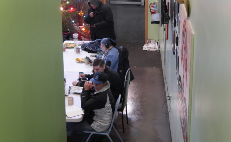 Glory Hole visitors eating breakfast on Monday. (Photo by Quinton Chandler/KTOO)