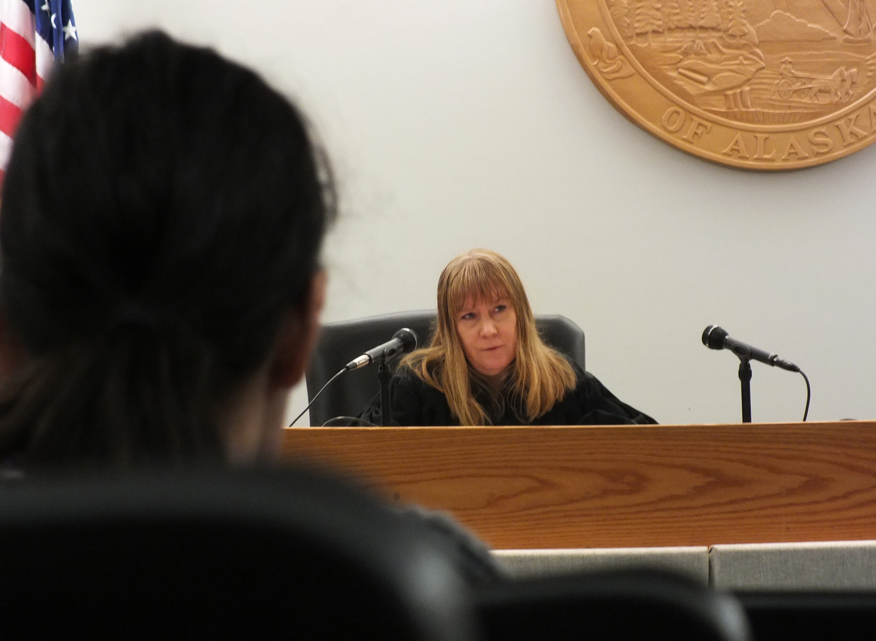 District Court Judge Kirsten Swanson presides over her first case on Dec. 2, 2016.