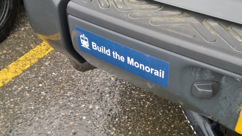 A snarky bumper sticker pokes fun at the "Build the Road" controversy. It was spotted in Juneau on March 11, 2014. (Photo by Jeremy Hsieh/KTOO)