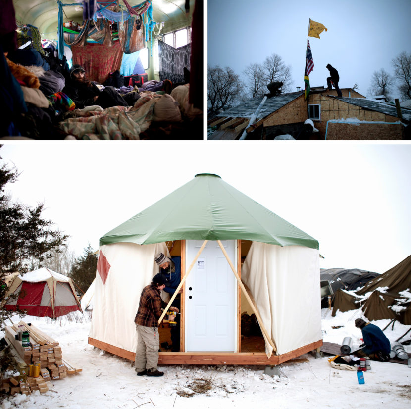 (Left) Flutter-By, a newer arrival, rests in the middle of his school bus, "Mamacita," which sleeps 12 people side-by-side. (Right) Brad Kallio of Michigan and Linus Yellowhorse of Arizona patch roofing on a dwelling at the Oceti Sakowin camp. (Bottom) Protestors from North Carolina brought a "yome," a combination yurt and dome, to erect and leave at the Rosebud camp for whoever needs it. Celia Talbot Tobin for NPR