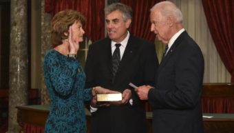 Lisa Murkowski is sworn in to her third Senate term by Vice President Joe Biden. Her husband Verne Martell, holds the Bible during the re-enactment of the ceremony. (Photo courtesy of Office of Lisa Murkowski)