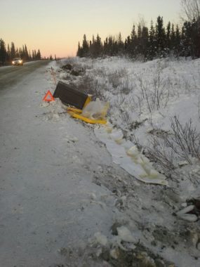 A diesel-fuel tanker truck crashed along Richardson Highway and spilled nearly 4,000 gallons of diesel fuel. Responders deployed absorbent material and containment equipment in an attempt to remove the spilled diesel fuel and prevent it from spreading further.(Photo by Alaska Department of Environmental Conservation)