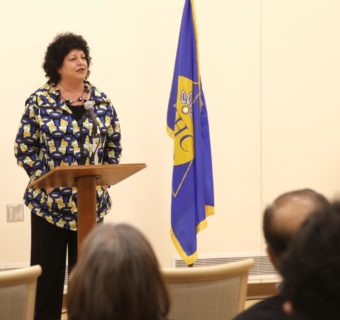 Diane Kaplan, President and CEO of the Rasmuson Foundation, addresses the crowd at the ribbon cutting ceremony at the Yukon Kuskokwim Ayagnirvik Healing Center on January 11, 2017.