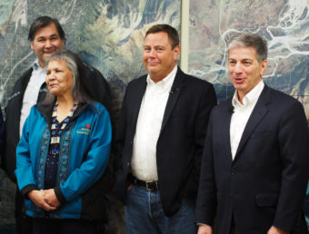 Eklutna Inc. board members Michael Curry, left, and Maria Coleman stand next to Eklutna CEO Curtis McQueen and Anchorage Mayor Ethan Berkowitz at a news conference in Eagle River on January 4, 2017. (Photo by Zachariah Hughes, Alaska Public Media)