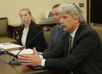 Department of Commerce, Community and Economic Development Division Director Britteny Cioni-Haywood, Development Manager Ethan Tyler, and Commissioner Chris Hladick (Left to right) deliver a presentation to the Senate Labor and Commerce Committee on economic development strategy. January 26, 2017. (Photo by Skip Gray/360 North)