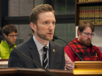 Rep. Jason Grenn, (I-Anchorage) testifies before the House Judiciary Committee on January 27, 2017. Rep. Grenn testified on his sponsored HCR 1 and HB 44 which, if passed, would redefine when a legislator with a conflict of interest can and should abstain from voting. (Photo by Skip Gray/360 North)