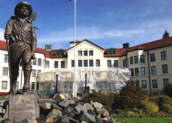 "The Prospector" statue stands in front of the Sitka Pioneers Home entrance, which was under repair Sept. 20, 2016. The homes reduced admissions as budgets were cut. (Photo by Ed Schoenfeld/CoastAlaska News)