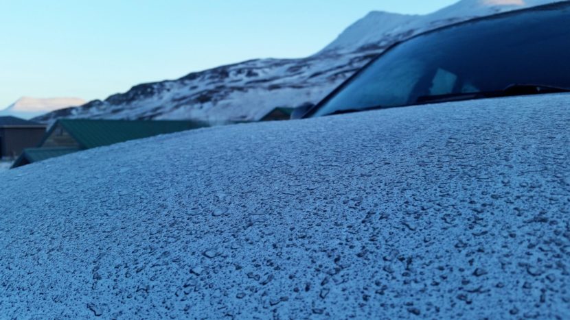 A fine layer of volcanic ash covers a car in Unalaska. Scientists say the minimal ash fall is not a health risk for island residents. (Photo by Zoe Sobel/KUCB)