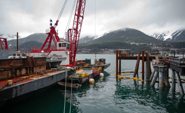 Barges and equipment being used in the construction of the new cruise ship terminal on January 25, 2017 (Photo by David Purdy/KTOO)