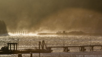 Taku Winds pummel the Douglas harbor breakwater in January 2015. (Photo by Mikko Wilson/KTOO)