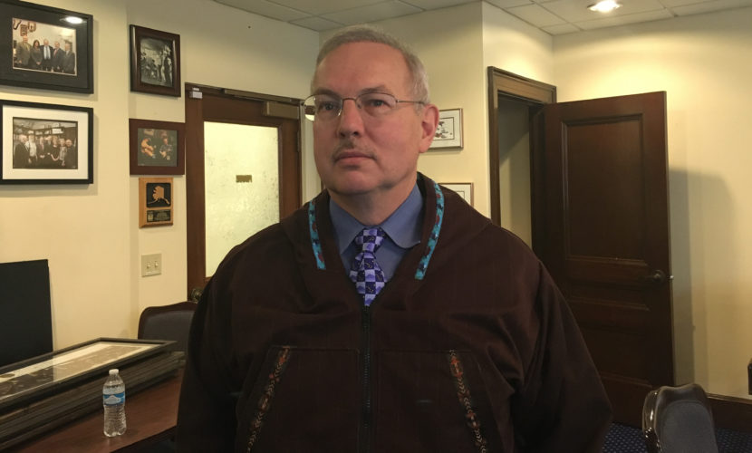 Rep. Bryce Edgmon was in his office shortly before being sworn in as the first Alaska House speaker of Alaska Native heritage.Jan. 17, 2017.