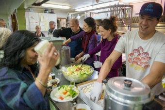 First Lady Donna Walker, Lt. Gov. Byron Mallott, Gov. Bill Walker, and office staff and family members volunteer in the Glory Hole soup kitchen and shelter on Friday, Dec. 30, 2016.