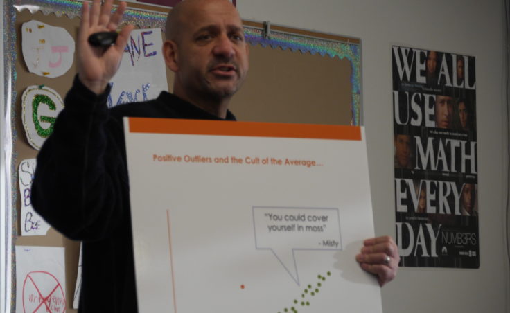 Devin Hughes holds the positive outlier graph. The orange dot reflects an unusually postive person. The green dots represent average people.