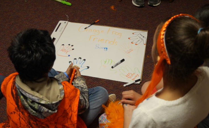 Middle School kids work on a poster for their Orange Frog training.