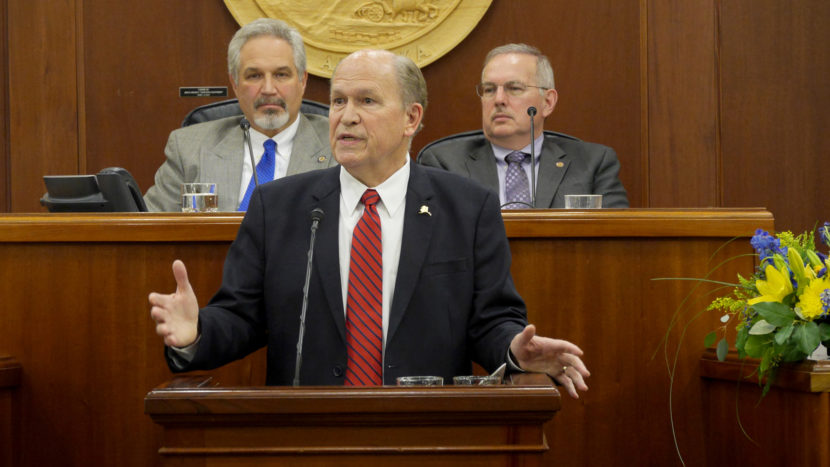 Gov. Bill Walker delivers his State of the State address to the Alaska Legislature, January 18, 2017. Behind him, left to right, are Senate President Pete Kelly (R-Fairbanks) and Bryce Edgmon (R- Dillingham), Speaker of the House.