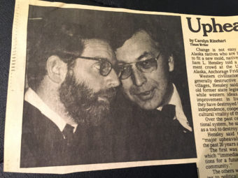 John McPhee and Willie Hensley in a newspaper clipping from 1980 when the two were awarded honorary doctorates from the University of Alaska. (Photo courtesy/Willie Hensley)
