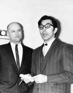 Barry Jackson, a member of the land claims task force, and Willie Hensley, chair of the task force, announcing that the task force had given former Gov. Walter Hickel recommendations on land claims issues in 1969. (Photo courtesy Willie Hensley)