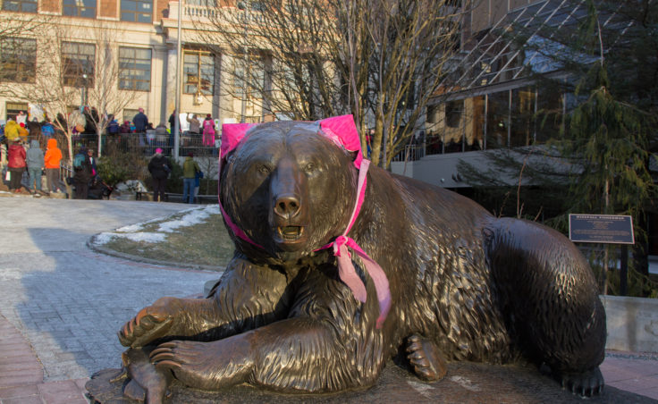 The Windfall Fisherman is decorated with pink cat ears while protesters gather at the Alaska State Capitol for the Women's March on Saturday, Jan. 21, 2017, in Juneau. (Photo by Mikko Wilson/KTOO)