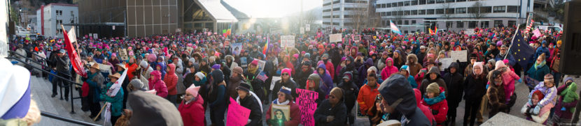 A panoramic composite image of protesters gathered at the Alaska State Capitol for the Women's March on Saturday, Jan. 21, 2017, in Juneau. The image contains some distortions from combining multiple exposures. (Image by Mikko Wilson /KTOO)