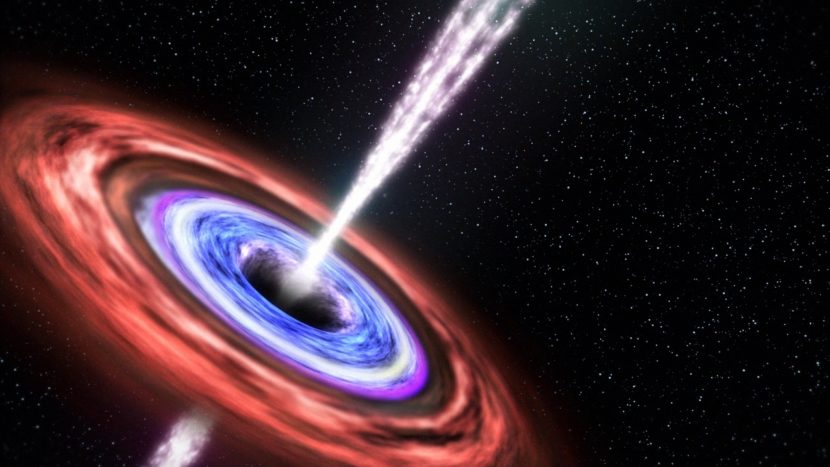 An artist's rendering depicts what happened when a black hole devoured a star in 2011 and ejected some of the stellar remains in a jet of particles pointed at Earth. This blazing quasar, or "blazar," was far enough away that it posed no harm to Earthlings. NASA/Goddard Space Flight Center/CI Lab