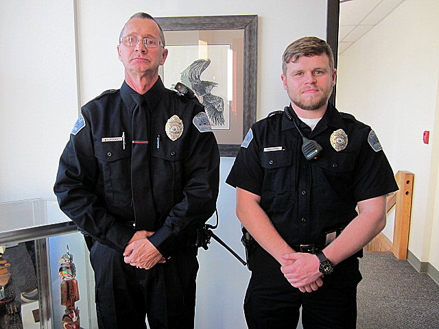 David Plagens, left, and Luis Waechter were sworn in as Petersburg police officers Jan. 3. (Photo by Angela Denning/KFSK)