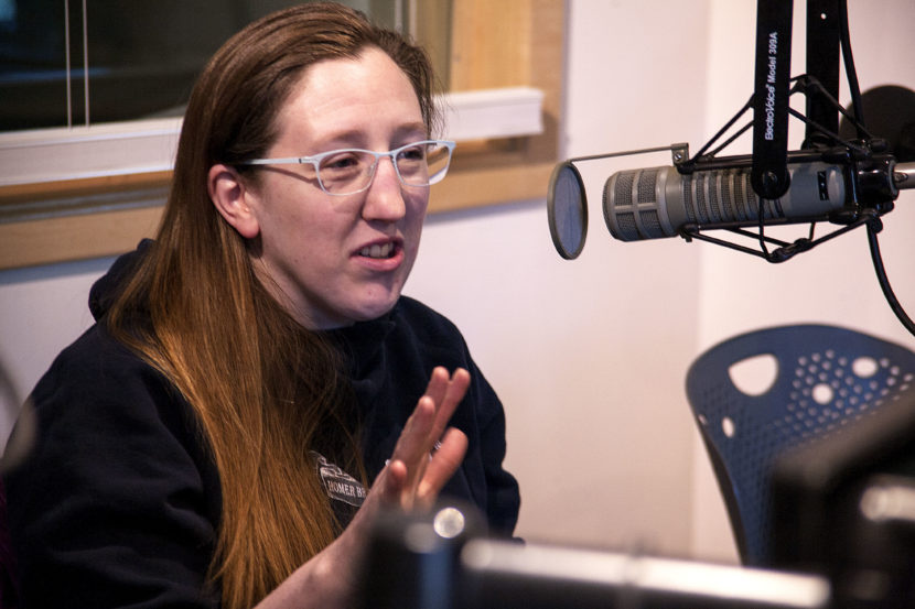 Erin Heist of Juneau talks with KTOO's Matt Miller on Friday, Feb. 3, 2017, about an old rumor that she'd heard of a gorilla running for mayor. (Photo by Tripp J Crouse/KTOO)