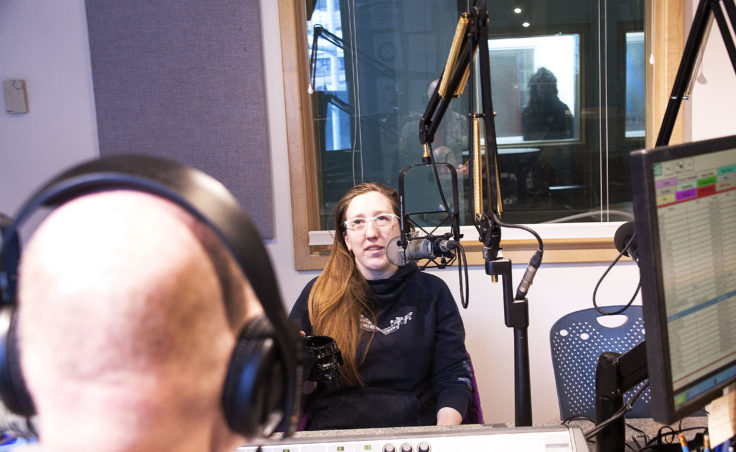 KTOO's Matt Miller talks to Erin Heist of Juneau on Friday, Feb. 3, 2017, about an old rumor that she'd heard of a gorilla running for mayor. She didn't know it at the time, but the rumors were true. Or mostly true. (Photo by Tripp J Crouse/KTOO)
