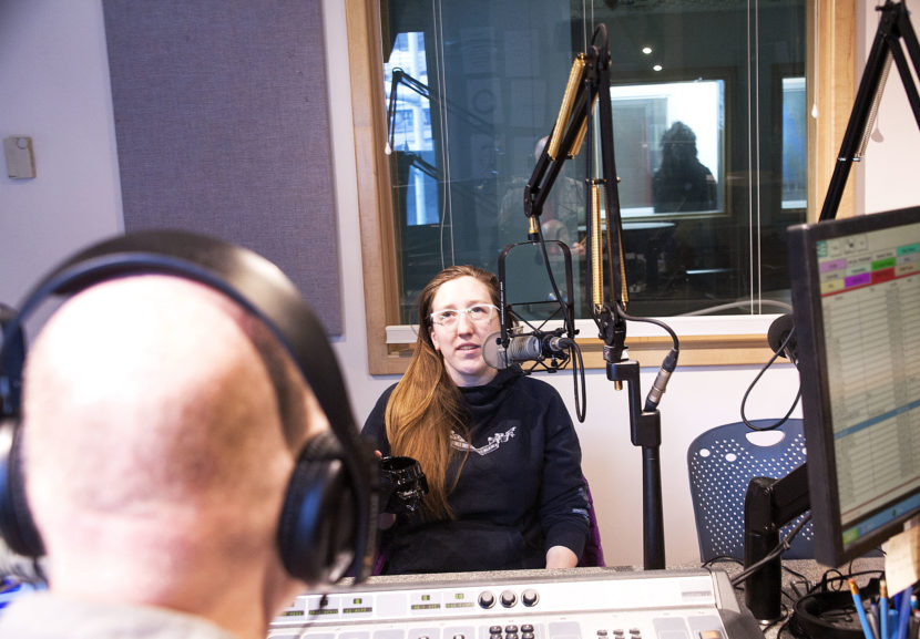 KTOO's Matt Miller talks to Erin Heist of Juneau on Friday, Feb. 3, 2017, about an old rumor that she'd heard of a gorilla running for mayor. She didn't know it at the time, but the rumors were true. Or mostly true. (Photo by Tripp J Crouse/KTOO)