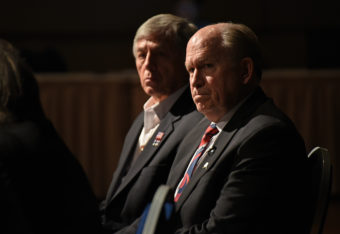 Gov. Bill Walker, right, and Lt. Gov. Byron Mallott listen to Attorney General Craig Richards as he presents information to lawmakers at a Q&A session to discuss legislators' plans for reorganizing the Permanent Fund, April 20, 2016.