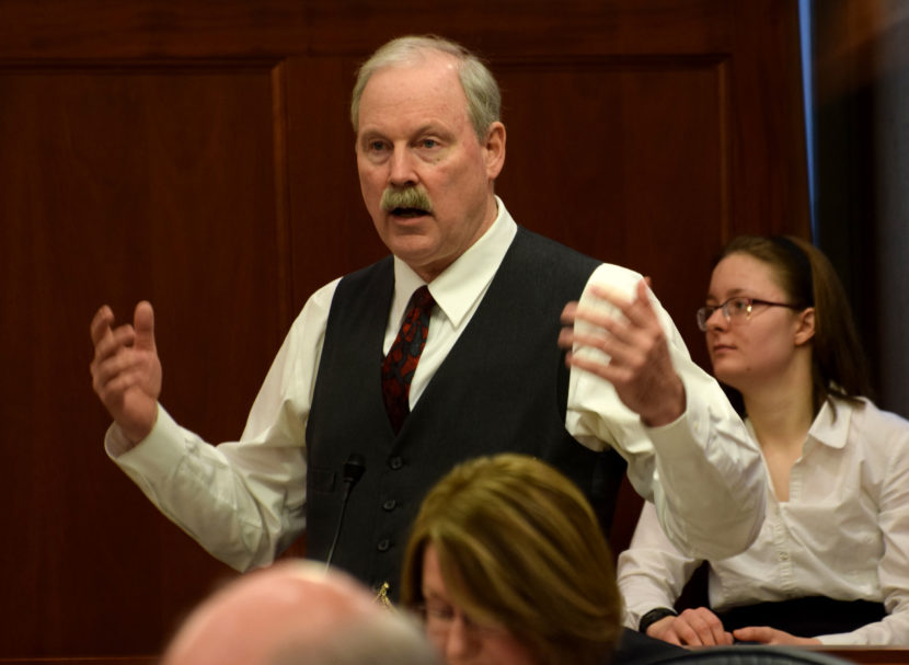 Sen. Bert Stedman, R-Sitka, argues against Senate Bill 6, which would eliminate daylight saving time in Alaska, during an Alaska Senate floor session, March 11, 2015. The Senate passed it 16-4. (Photo by Skip Gray/360 North)
