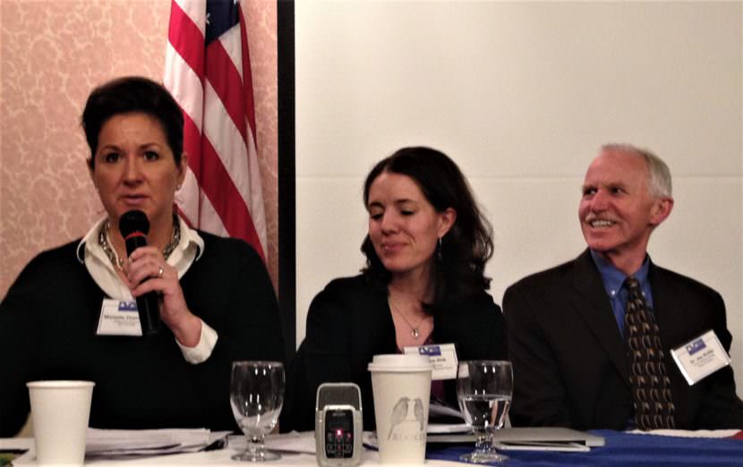 Homeless youth advocate Michelle Overstreet, left, talks about drug abuse during an Alaska Municipal League forum Feb. 22, 2017, in Juneau. Dr. Anne Zink, center, and Dr. Jay Butler, right, were also on the panel. (Photo by Ed Schoenfeld/CoastAlaska News)