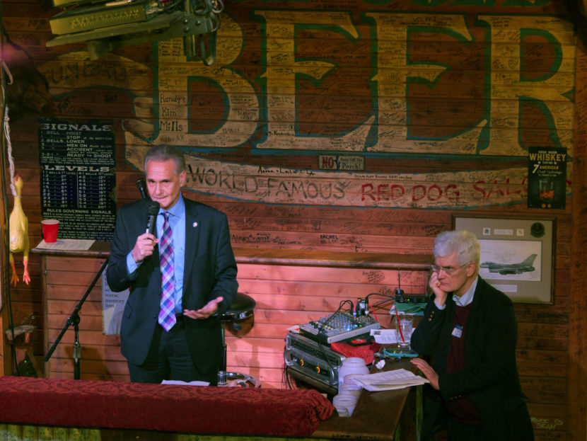 Alaska state Sen. Kevin Meyer, left, is sponsoring Senate Bill 5, which would extend state campaign finance rules to PACs controlled by individual legislators. Meyer recently spoke at a Policymakers' Fiscal Forum, Red Dog Saloon, Jan. 31, 2017. Cliff Groh was the moderator. (Photo by Skip Gray/360 North)
