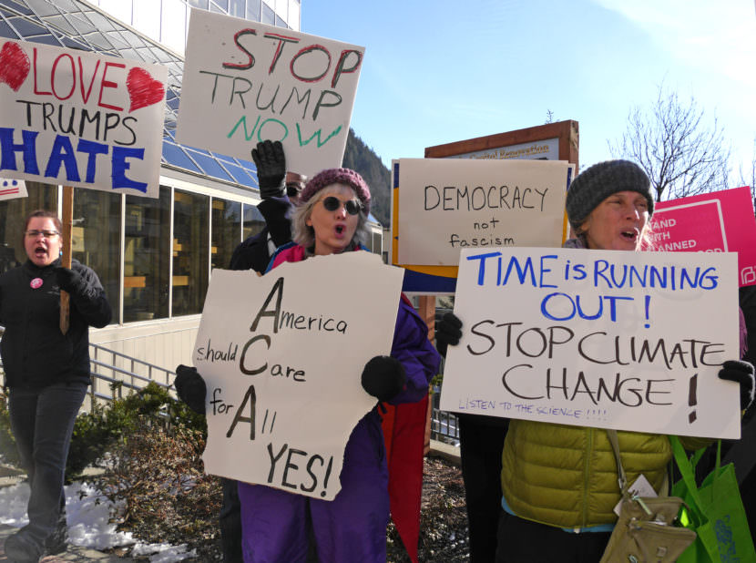 Juneau residents take part in a rally February 24, 2017, in front of the Alaska Capitol to encourage U.S Sen. Dan Sullivan to hold a town meeting, Sullivan was at the Capitol earlier in the day to give his annual address to the Legislature. (Photo by Skip Gray/360 North)