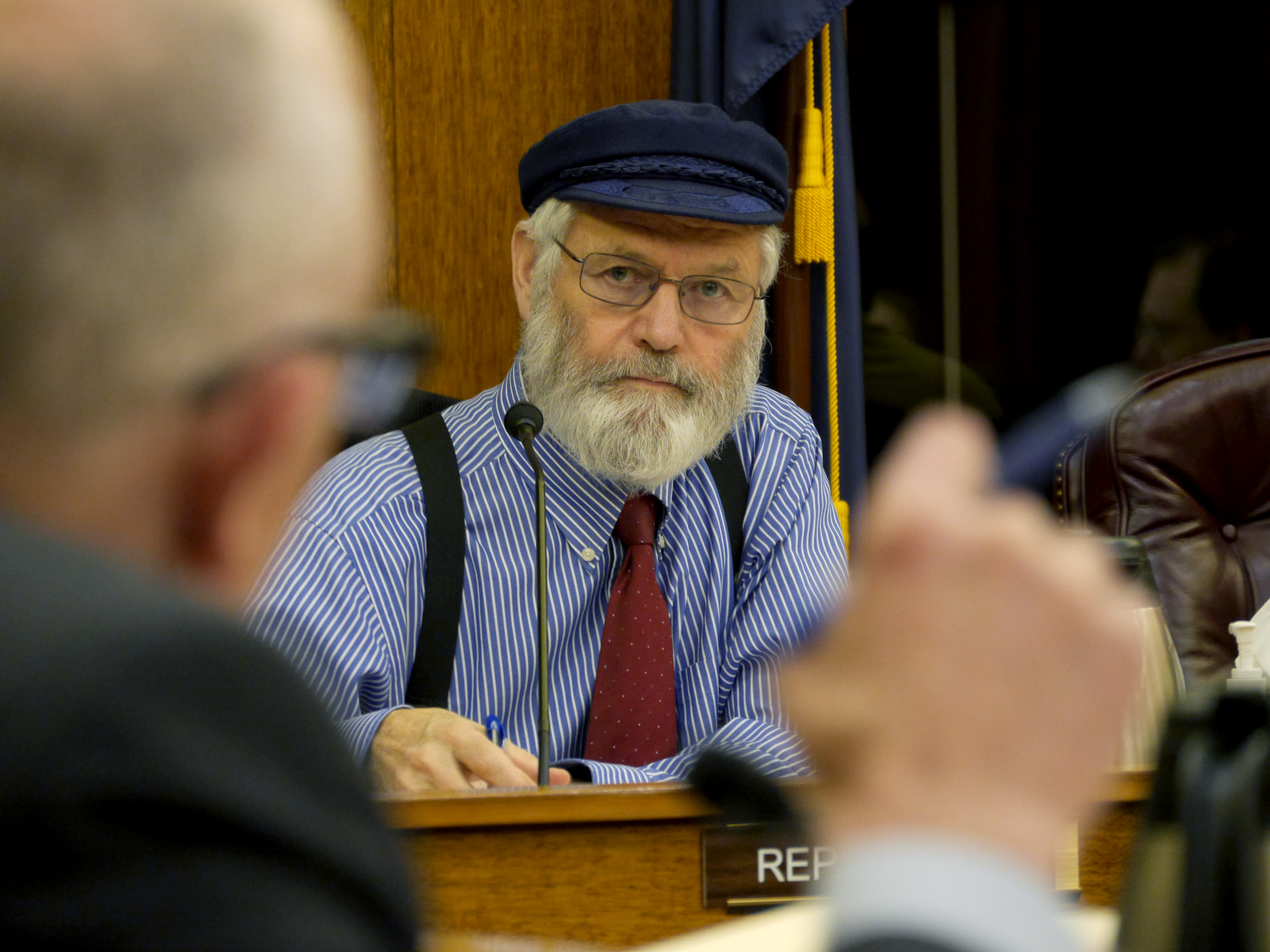 Rep. Paul Seaton, R-Homer, Chair of the House Finance Committee, listens to Rep. Steve Thompson, R-Fairbanks, Feb. 27, 2017. (Photo by Skip Gray/360 North)